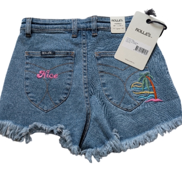 Rolla's Hightails High Rise Denim Shorts Embroidered Banana Beach Size 26/8 - Picture 7 of 13